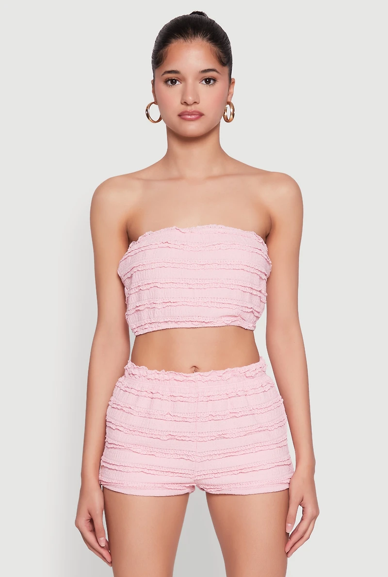 Womens Textured Knit Tie Front Cardigan with Tube Top, Pink, Size M