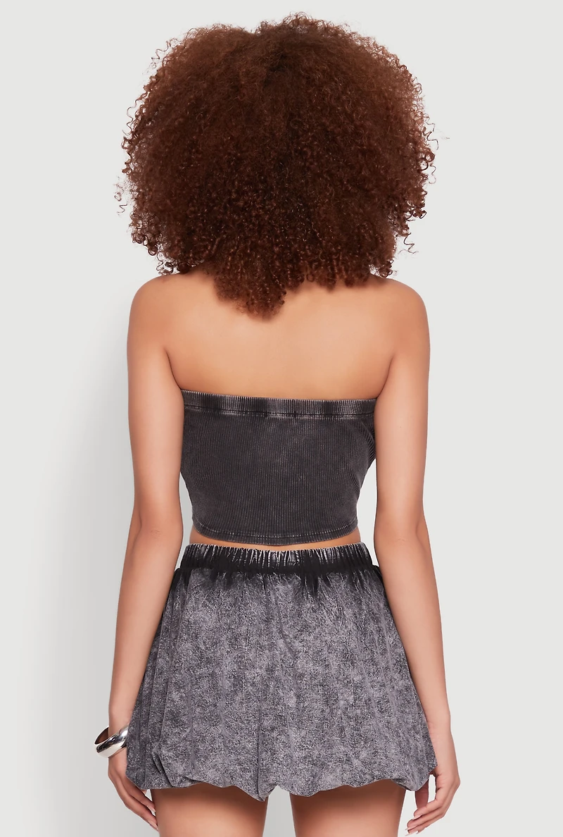 Womens Ribbed Knit Mineral Wash Cropped Tube Top, Grey, Size M