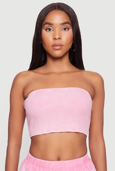 Womens Ribbed Knit Mineral Wash Cropped Tube Top, Pink, Size M