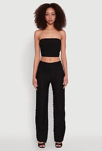 Womens Mesh Lettuce Edge Ruffle Casual Straight Pants, Black, Size L