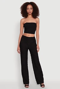 Womens Mesh Lettuce Edge Ruffle Casual Straight Pants, Black, Size L