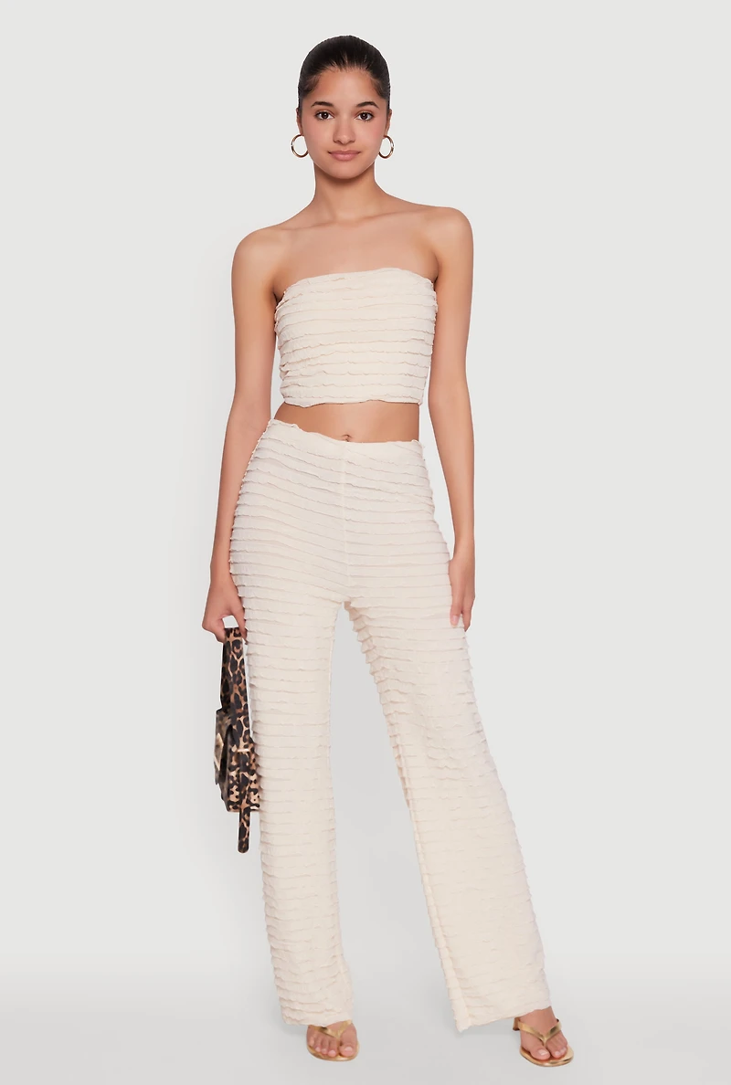 Womens Mesh Lettuce Edge Ruffle Casual Straight Pants, Khaki, Size XL