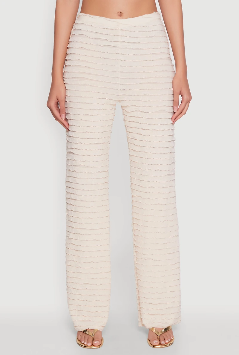 Womens Mesh Lettuce Edge Ruffle Casual Straight Pants, S