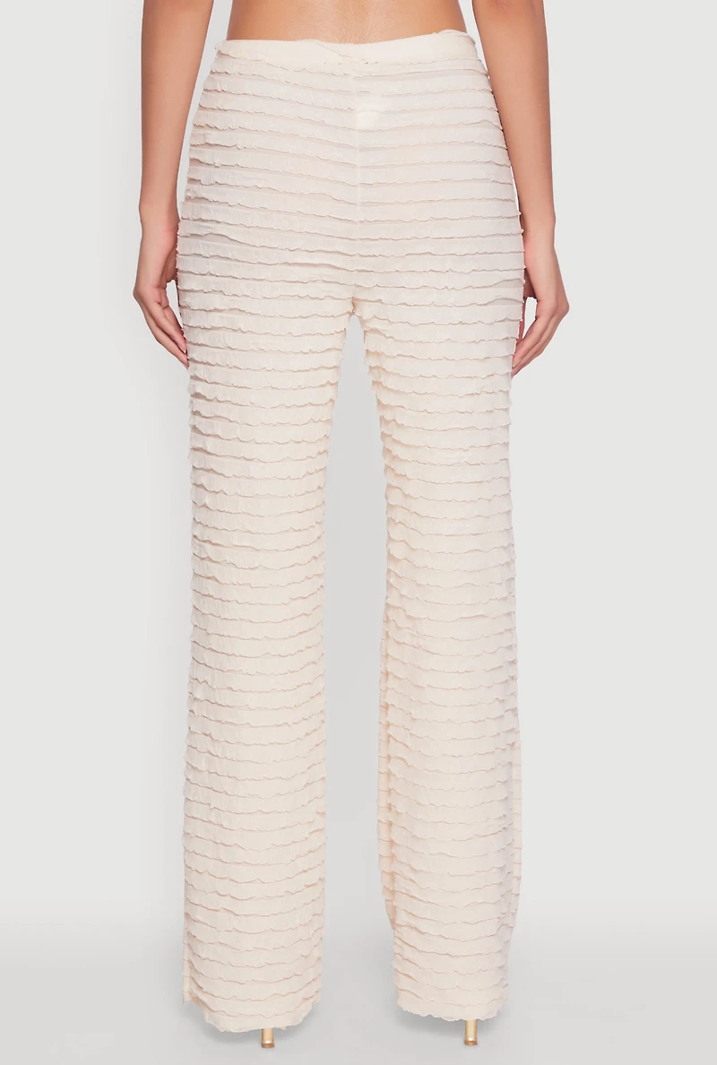 Womens Mesh Lettuce Edge Ruffle Casual Straight Pants, S