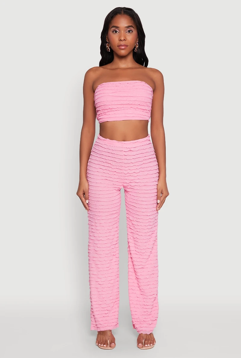 Womens Mesh Lettuce Edge Ruffle Casual Straight Pants, Pink, Size L