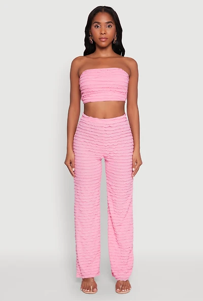 Womens Mesh Lettuce Edge Ruffle Casual Straight Pants, Pink, Size L