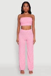 Womens Mesh Lettuce Edge Ruffle Casual Straight Pants, Pink, Size L