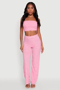 Womens Mesh Lettuce Edge Ruffle Casual Straight Pants, Pink,