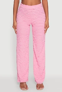 Womens Mesh Lettuce Edge Ruffle Casual Straight Pants, Pink,