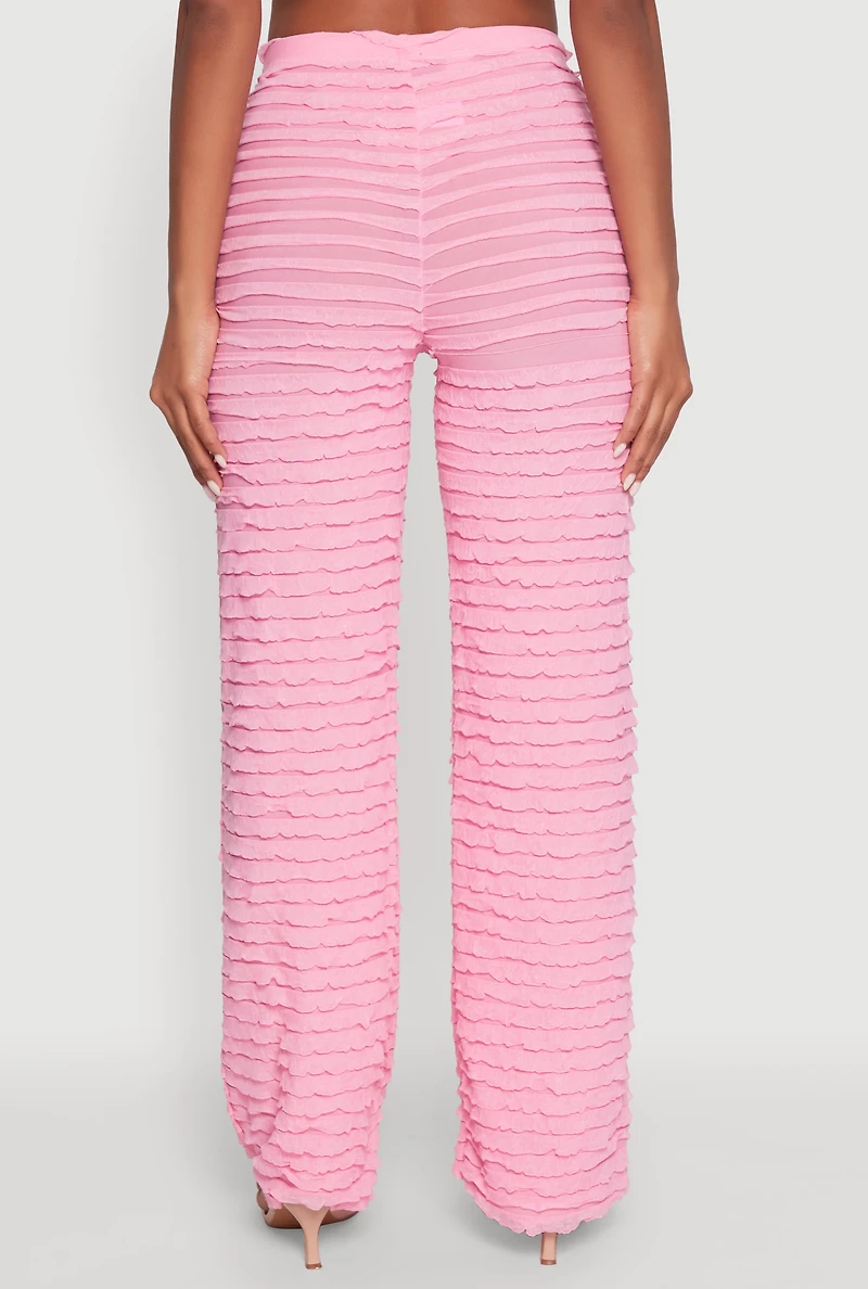 Womens Mesh Lettuce Edge Ruffle Casual Straight Pants, Pink, Size L
