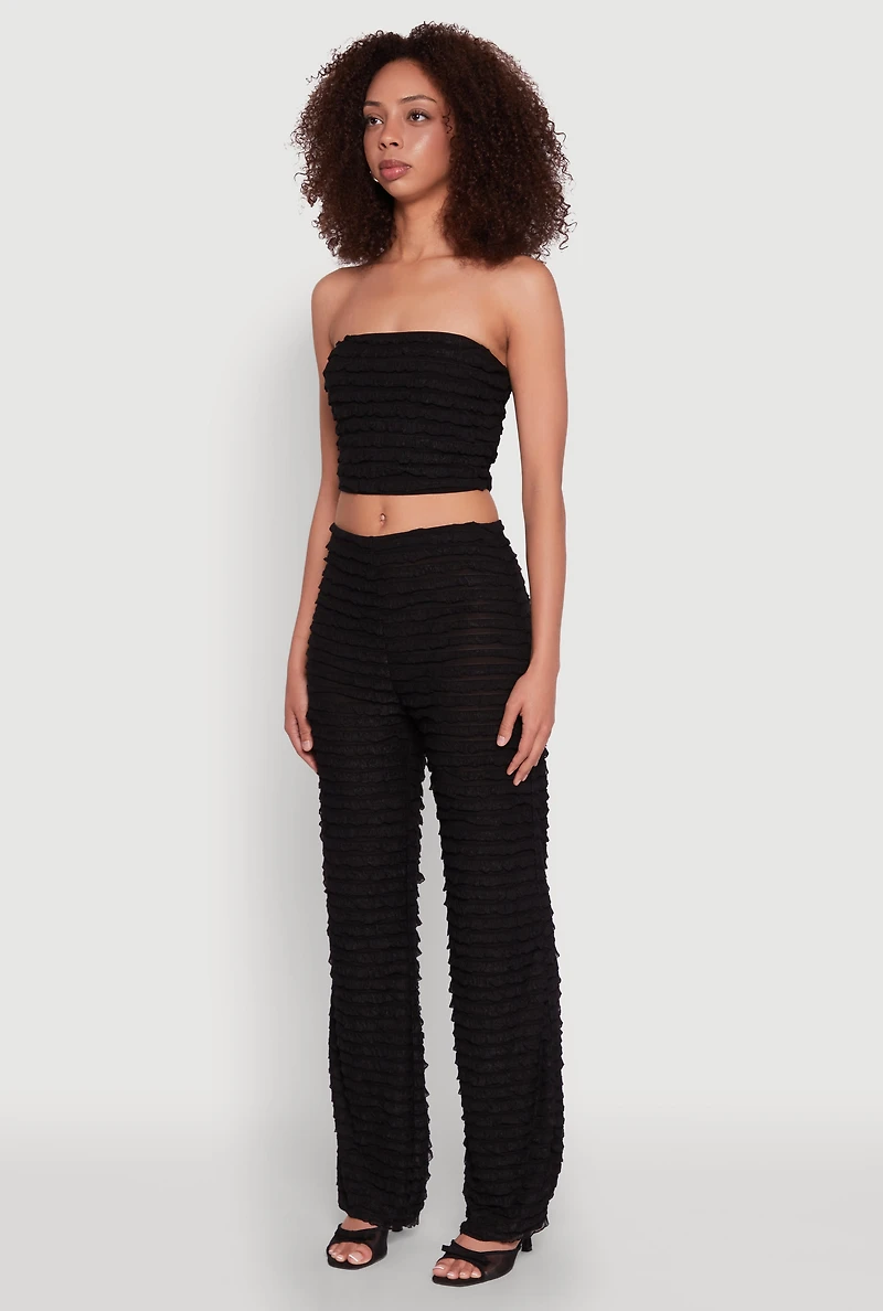 Womens Trendy Mesh Lettuce Edge Tube Top with Cropped Hem, Black,