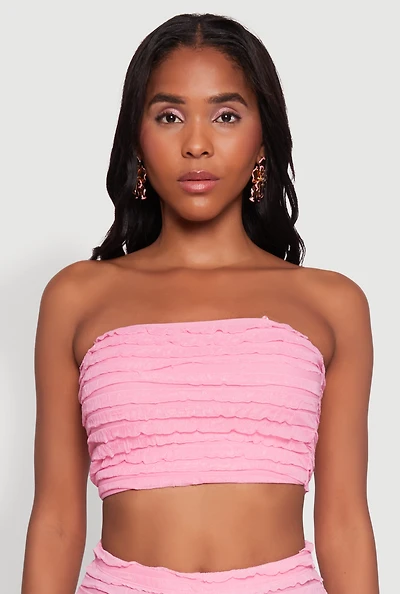 Womens Trendy Mesh Lettuce Edge Tube Top with Cropped Hem, Pink,
