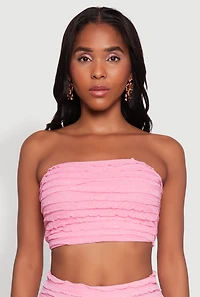 Womens Trendy Mesh Lettuce Edge Tube Top with Cropped Hem, Pink,