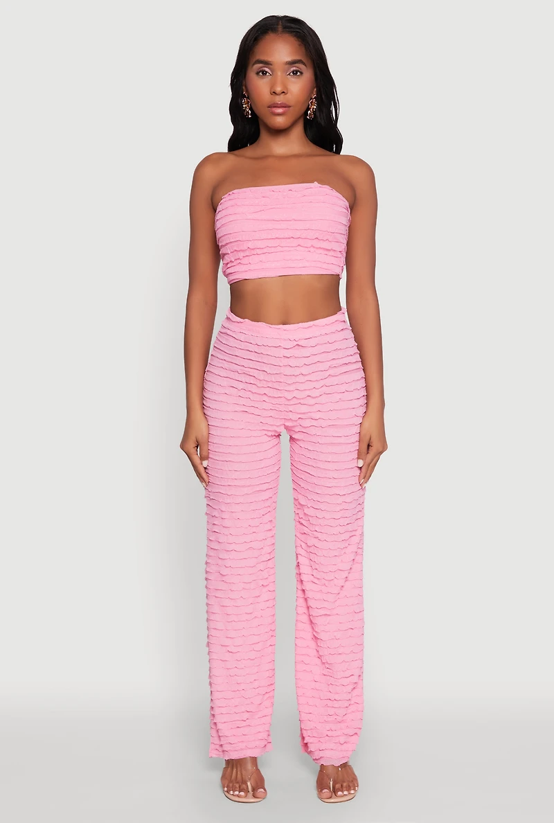 Womens Trendy Mesh Lettuce Edge Tube Top with Cropped Hem, Pink,