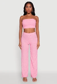 Womens Trendy Mesh Lettuce Edge Tube Top with Cropped Hem, Pink,