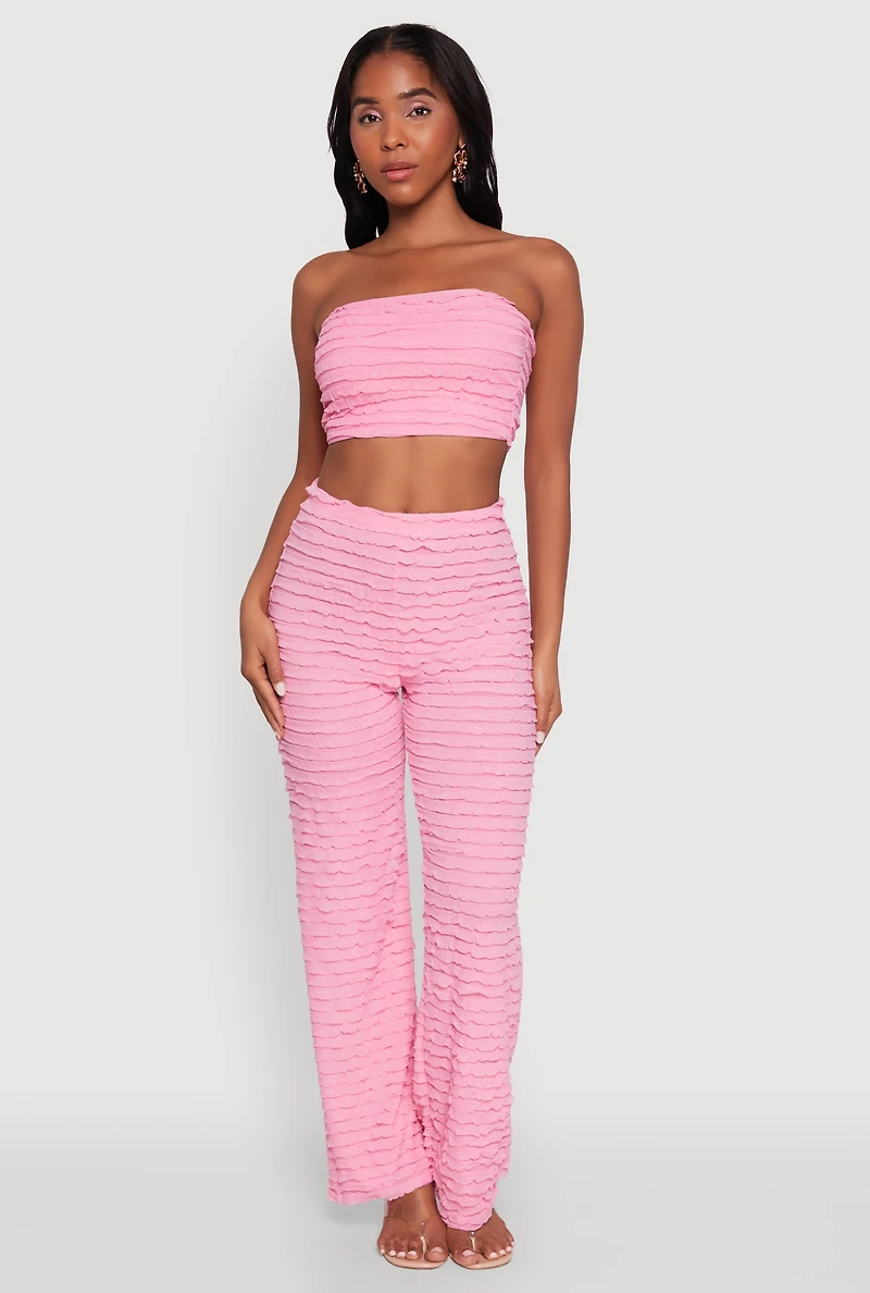 Womens Trendy Mesh Lettuce Edge Tube Top with Cropped Hem, Pink,