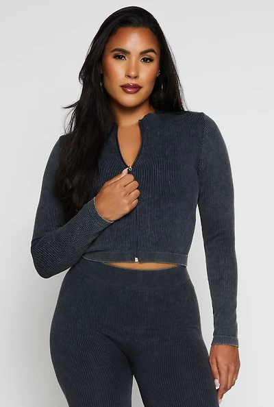 Ribbed Knit Mock Neck Zip Front Crop Top