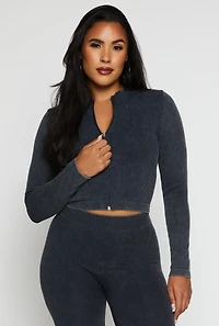 Ribbed Knit Mock Neck Zip Front Crop Top