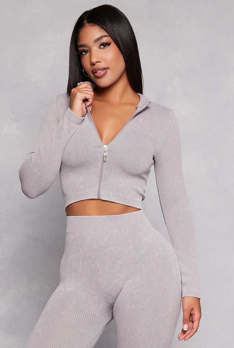 Ribbed Knit Mock Neck Zip Front Crop Top