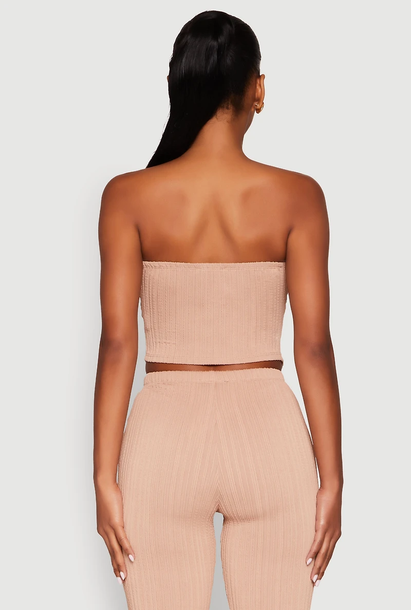 Womens Ruched Textured Knit Tube Top, Beige, Size L