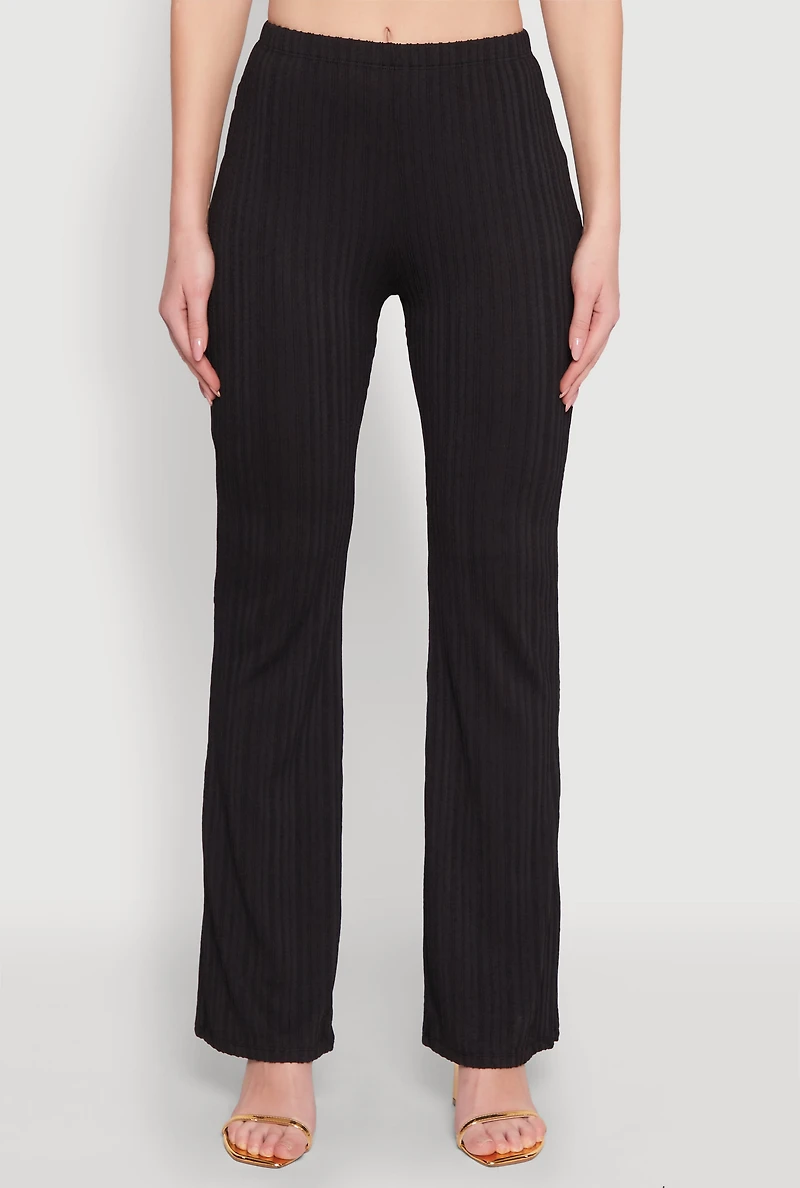 Womens High Waisted Flared Rib Knit Pants, Black, Size L