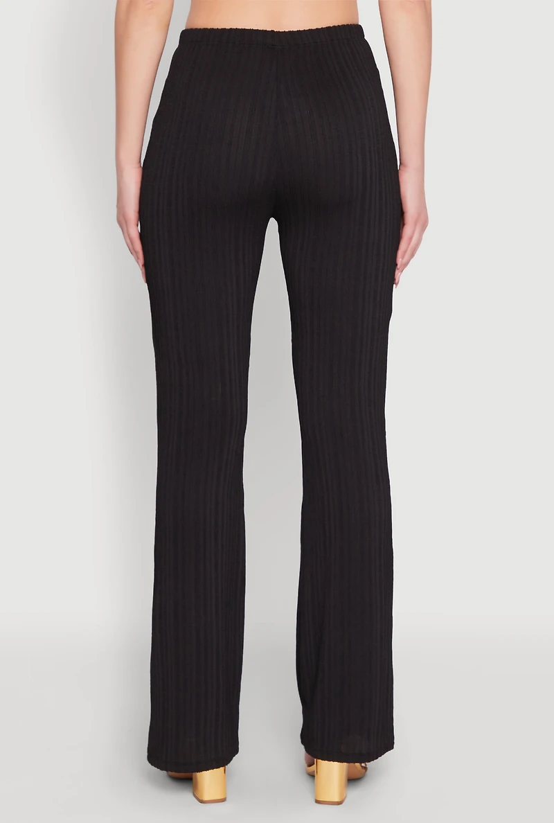 Womens High Waisted Flared Rib Knit Pants, Black, Size L