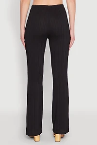 Womens High Waisted Flared Rib Knit Pants, Black, Size L