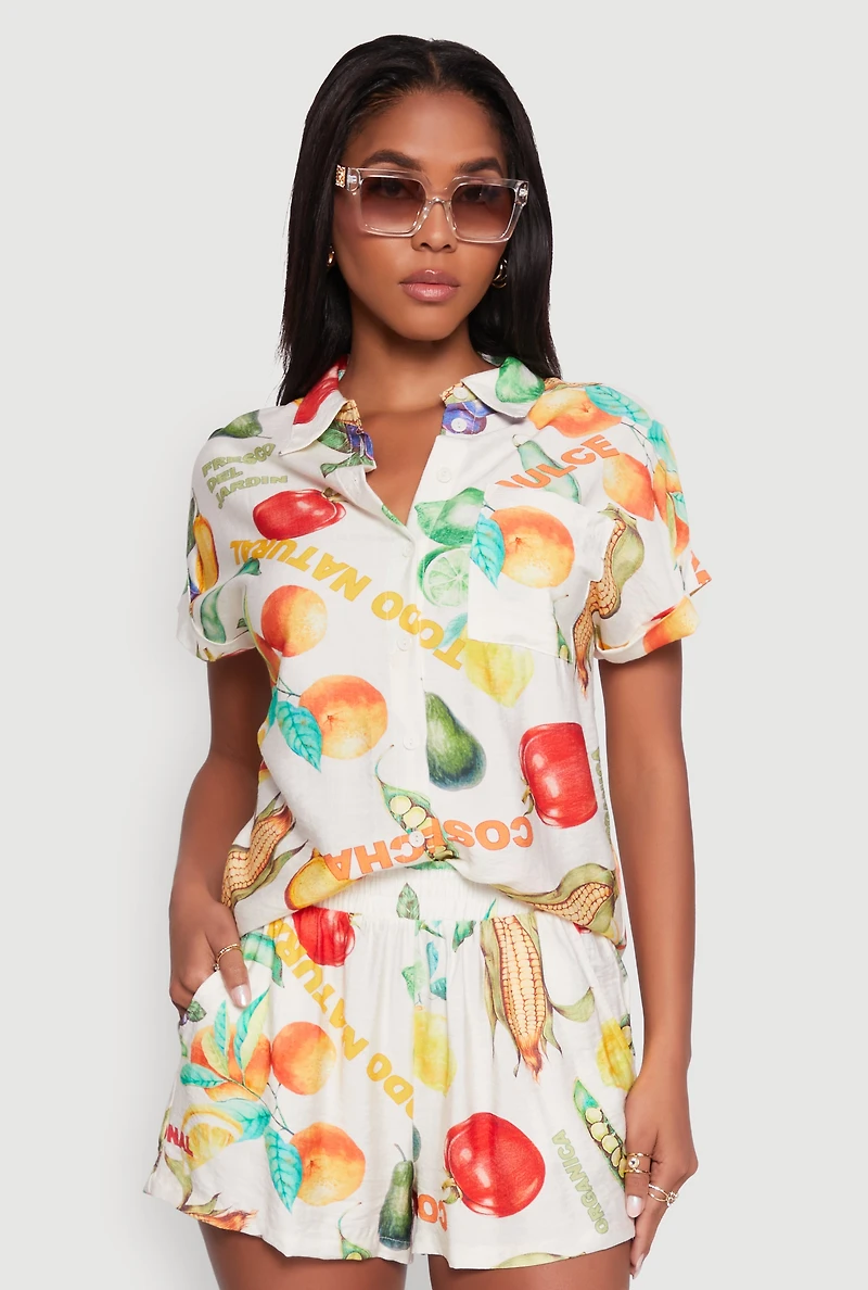 Womens Classic Fit Button Front Shirt with Rolled Cuffs, Multi, Size L
