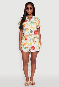 Womens Classic Fit Button Front Shirt with Rolled Cuffs, Multi, Size L