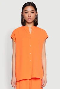 Womens Airy Mandarin Collar Shirt, Orange, Size M