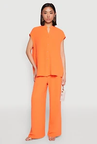 Womens Airy Mandarin Collar Shirt, Orange, Size L