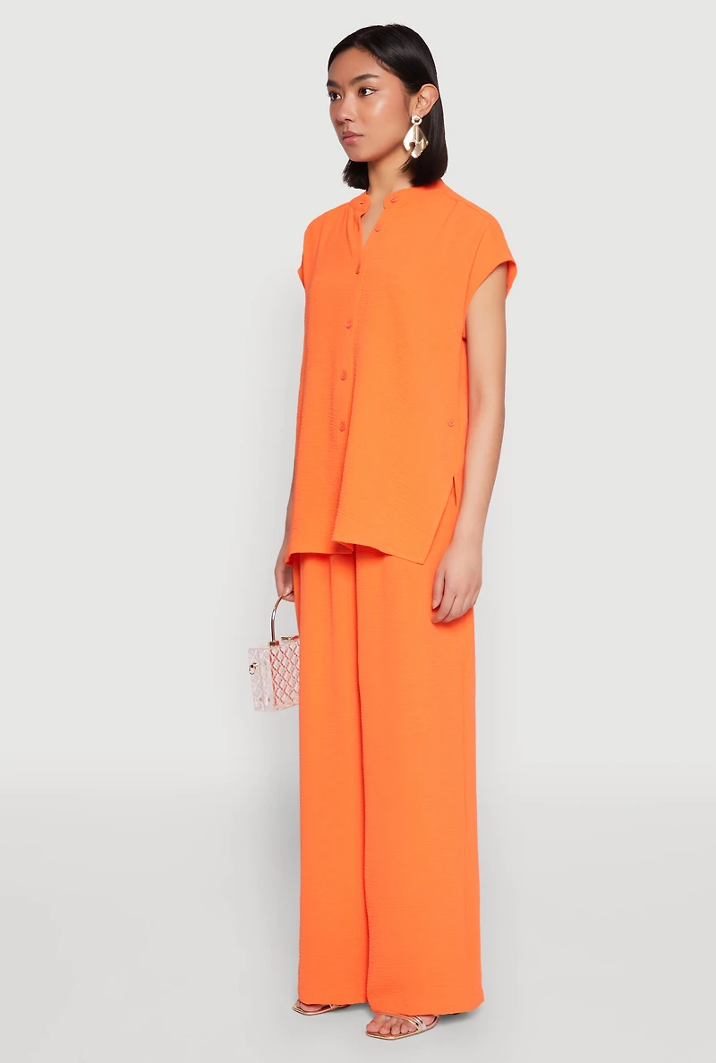 Womens Airy Mandarin Collar Shirt, Orange,