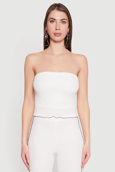Womens Contrast Trim Cropped Tube Top, White,
