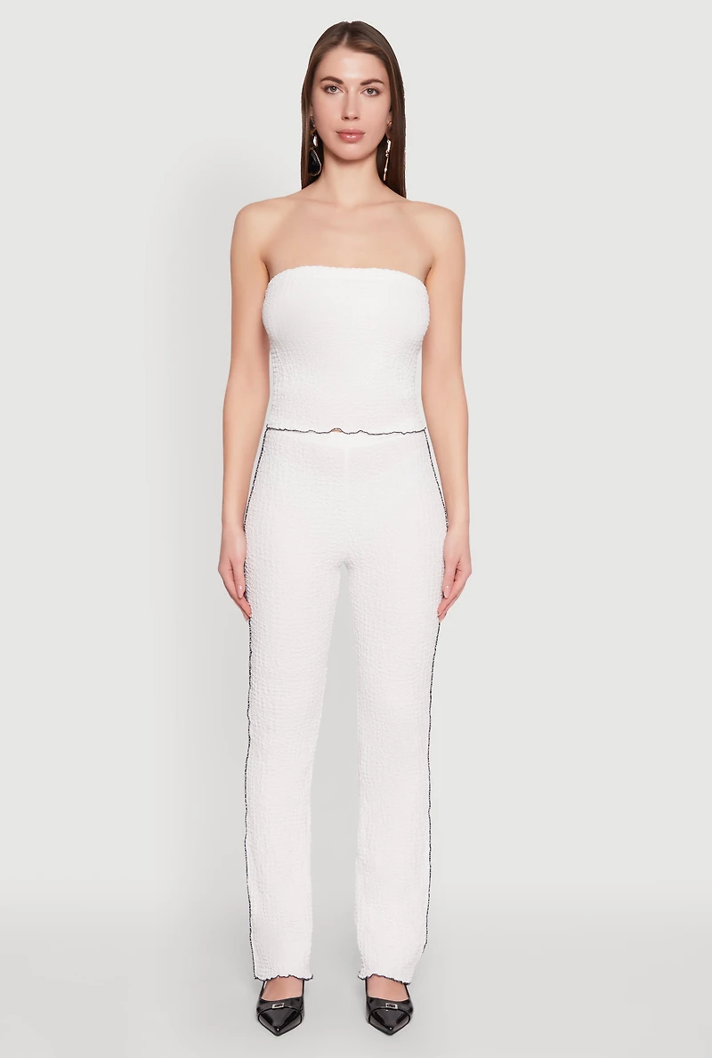 Womens High Waisted Contrast Trim Pants, White,