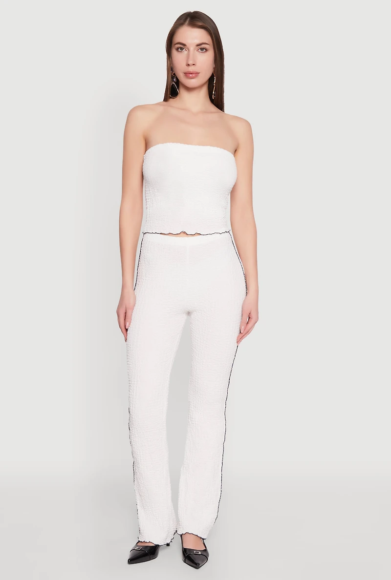Womens High Waisted Contrast Trim Pants, White,
