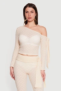 Textured Knit Asymmetrical Tie Sleeve Top