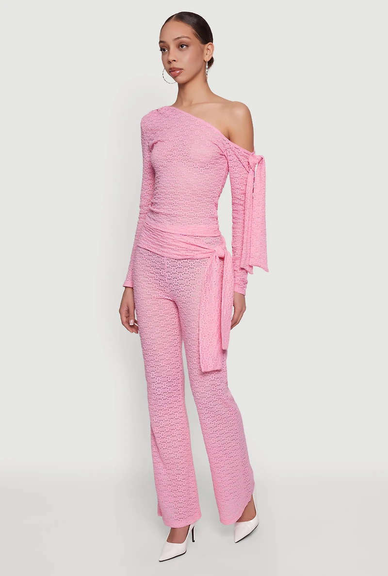 Textured Knit Tie Front Flare Leg Pants