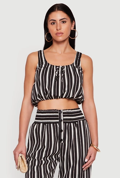 Sleeveless Striped Crop Top with Tie Front Detail