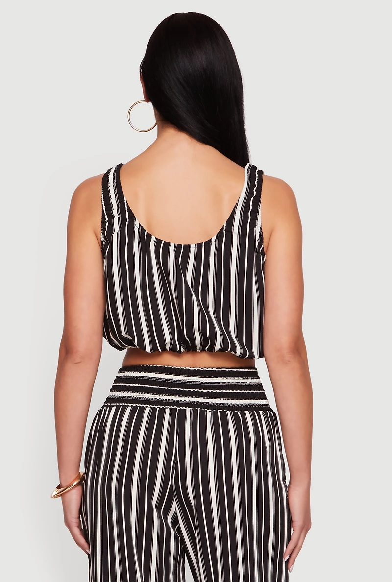 Sleeveless Striped Crop Top with Tie Front Detail