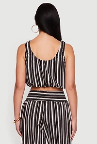 Sleeveless Striped Crop Top with Tie Front Detail