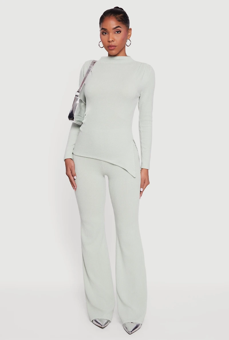 Brushed Rib Knit Asymmetrical Hem Blouse