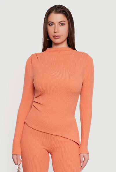 Womens Brushed Rib Knit Asymmetrical Hem Blouse,