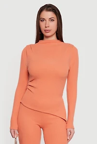 Womens Brushed Rib Knit Asymmetrical Hem Blouse,