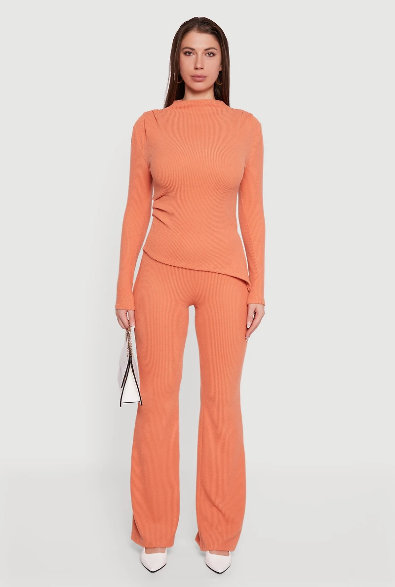 Womens Brushed Rib Knit Asymmetrical Hem Blouse,