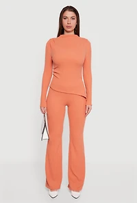 Womens Brushed Rib Knit Asymmetrical Hem Blouse,