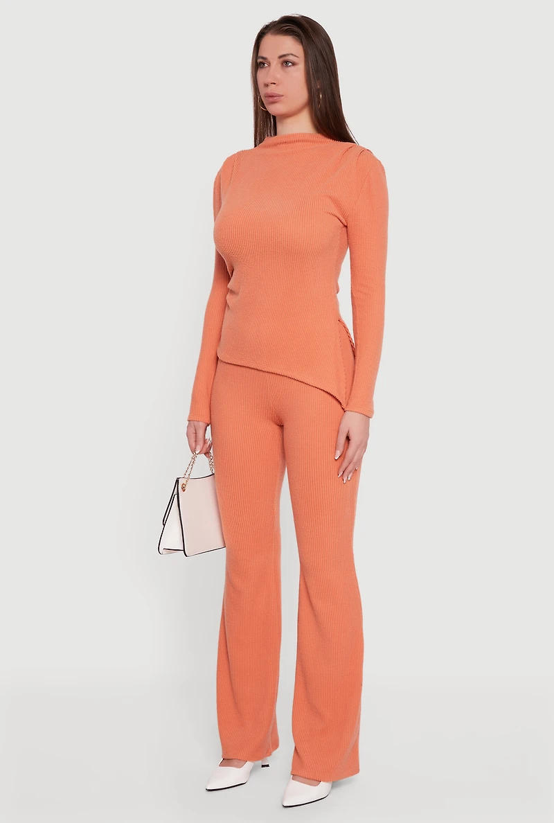 Womens Brushed Rib Knit Asymmetrical Hem Blouse,