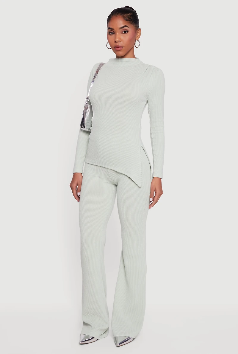 Womens Brushed Rib Knit Pull On Flare Pants, M