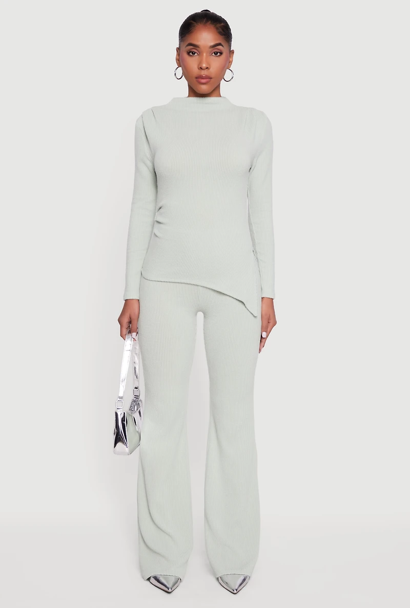 Brushed Rib Knit Pull On Flare Pants