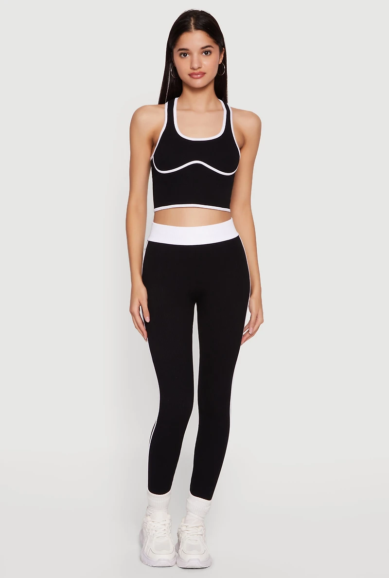 Contrast Trim Seamless Ribbed Cropped Racerback Tank Top