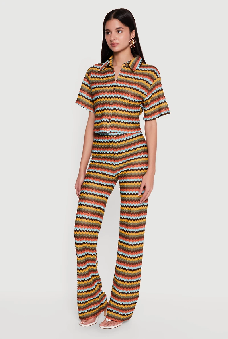 Chevron Striped Button Front Short Sleeve Shirt